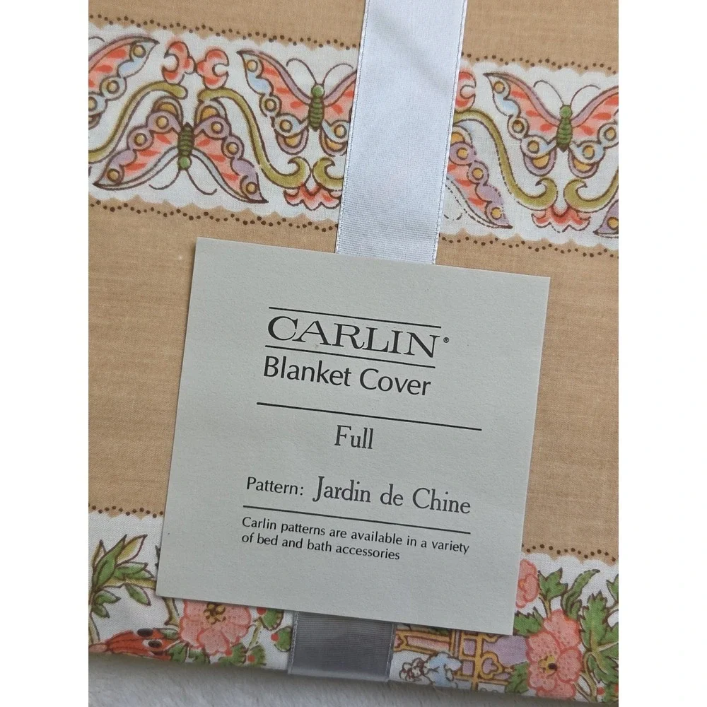 Vtg NEW CARLIN Chinoiserie Duvet and Sham Set Asian Scene‎ Butterflies Scalloped